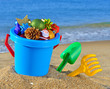Photo: Christmas decorations in a baby bucket and toys on the beach Christmas decorations in a baby bucket and toys on the beach