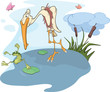Heron and frog. Cartoon