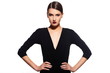 glamor sexy model with red lips,bright makeup in black dress