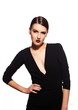 glamor sexy model with red lips,bright makeup in black dress