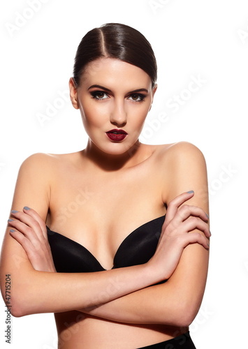 Photo: glamor sexy model with red lips,bright makeup in black lingerie glamor sexy model with red lips,bright makeup in black lingerie