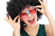 Young woman wearing afro wig