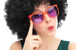 Young woman wearing afro wig