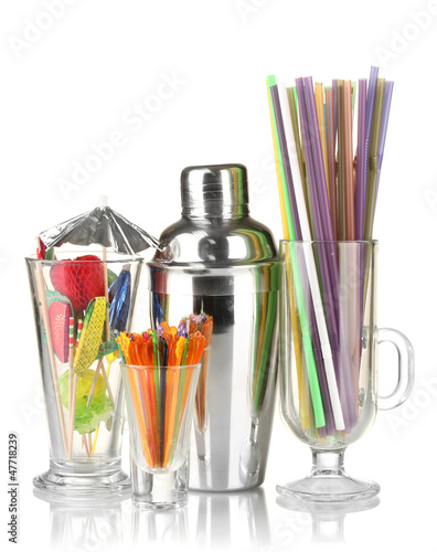 Photo: Cocktail shaker and other bartender equipment isolated on Cocktail shaker and other bartender equipment isolated on