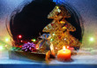 Photo: Christmas gifts still-life inside snowy window Christmas gifts still-life inside snowy window