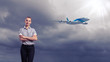 Business travelling collage with a plane
