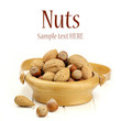Wooden bowl of mixed nuts in shells on white background