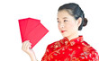 pretty chinese woman holding red bag for happy chinese new year