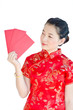 pretty chinese woman holding red bag for happy chinese new year
