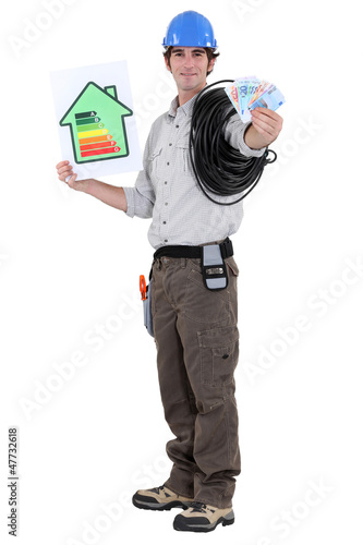 Photo: Laborer with wad of bills and energy rating sign Laborer with wad of bills and energy rating sign