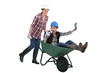 Woman being pushed around in wheelbarrow