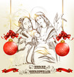 Christmas hand drawn greeting card with holy family