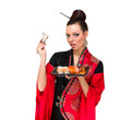 woman in traditional red dress with sushi