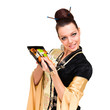 Smiling woman with sushi