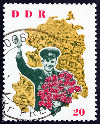 Photo: Postage stamp GDR 1963 Yuri Gagarin and map of DDR Postage stamp GDR 1963 Yuri Gagarin and map of DDR