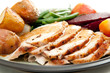 sliced turkey with roasted potatoes, sugar beets, yams