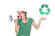 craftswoman holding a recycling label