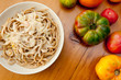 fettuccine alfredo with heirloom tomatoes