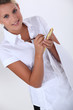 Blond waitress with note pad