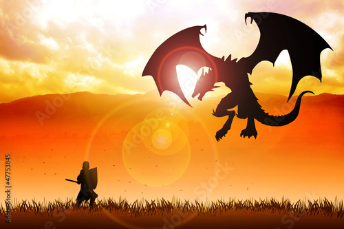 Illustration: Silhouette illustration of a knight fighting a dragon Silhouette illustration of a knight fighting a dragon