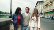 Video: Portrait of three friends walking down the street, steadycam sho Portrait of three friends walking down the street, steadycam sho