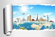 Travel the world concept torned paper monument Travel the world concept torned paper monument