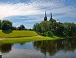 Church in Anyksciai city and beautiful river Sventoji