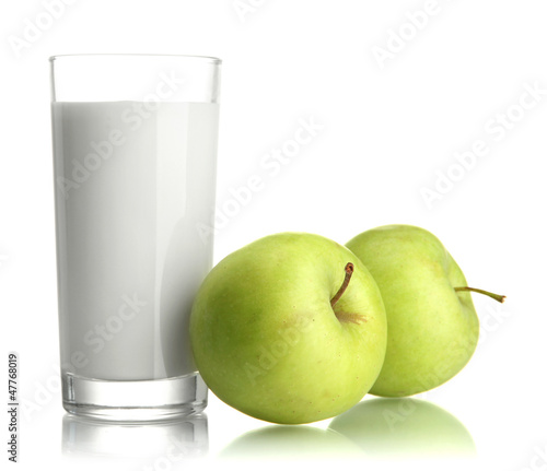 Photo: Glass of kefir and green apples, isolated on white Glass of kefir and green apples, isolated on white