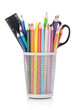 Various colour pencils with ruler and scissors