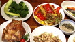 Festive foods, served on table, pan left
