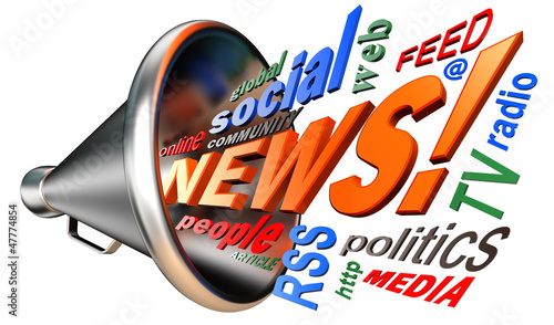 Illustration: news word tag cloud and bullhorn news word tag cloud and bullhorn