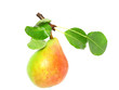 Single pear with stem and green leaf. Isolated.