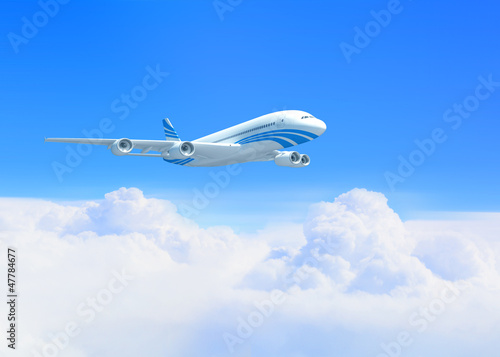 Illustration: White passenger plane in the blue sky White passenger plane in the blue sky