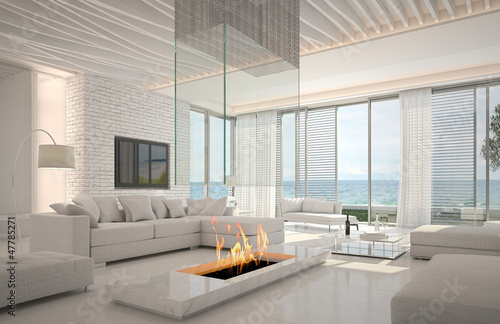 Illustration: Awesome beach waterfront interior room with sea view Awesome beach waterfront interior room with sea view