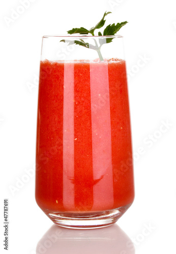 Photo: Glass of tomato juice isolated on white Glass of tomato juice isolated on white