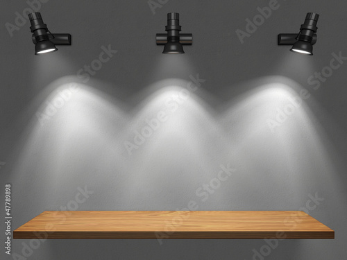 Illustration: Empty shelf illuminated by spotlights Empty shelf illuminated by spotlights