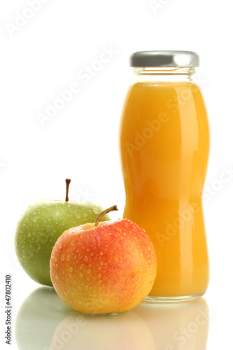 Photo: bottle of juice with sweet apples, isolated on white bottle of juice with sweet apples, isolated on white