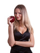 Attractive girl with red apple in her hand. Isolation on a white
