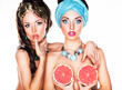 Couple Sexy Women with Grapefruit - Temptation and Sensuality