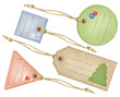 Set of Christmas paper tags with strings, isolated