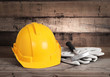  hardhat and old leather gloves