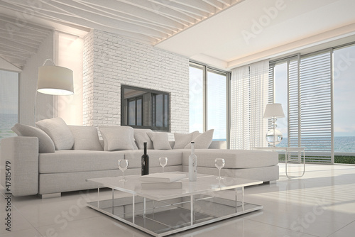 Illustration: Awesome beach waterfront interior room with sea view Awesome beach waterfront interior room with sea view