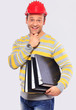 Man in red helmet holding folder