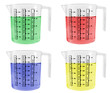 Four Measuring Jugs Full of Coloured Liquids