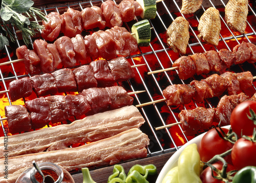 Photo: brochettes,bacon and chicken wings barbecue brochettes,bacon and chicken wings barbecue