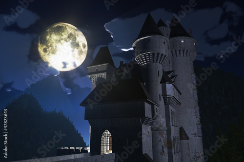 Illustration: Castle at Night in the Mountains 3D render Castle at Night in the Mountains 3D render