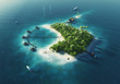 Paradise tropical island, wind turbines and bungalows