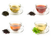 set of glass cups with different teas