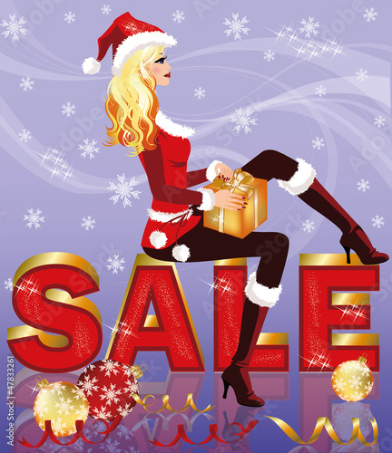 Vector: Christmas sale card with santa girl and giftbox Christmas sale card with santa girl and giftbox