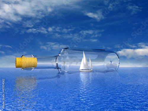 Illustration: Sailing yacht in the bottle. Concept - protection of travel. Sailing yacht in the bottle. Concept - protection of travel.